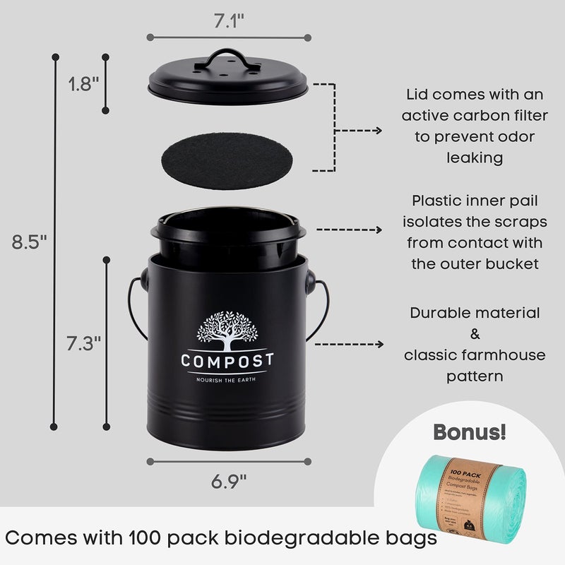 Perfnique Kitchen Compost Bin 1.3 جالون سماد كونترتوب سماد مع دلو السماد الداخلي الغطاء يشمل بطانة دلو داخلية ومرشح الكربون سماد صغير (أسود مع أكياس) - Image 5