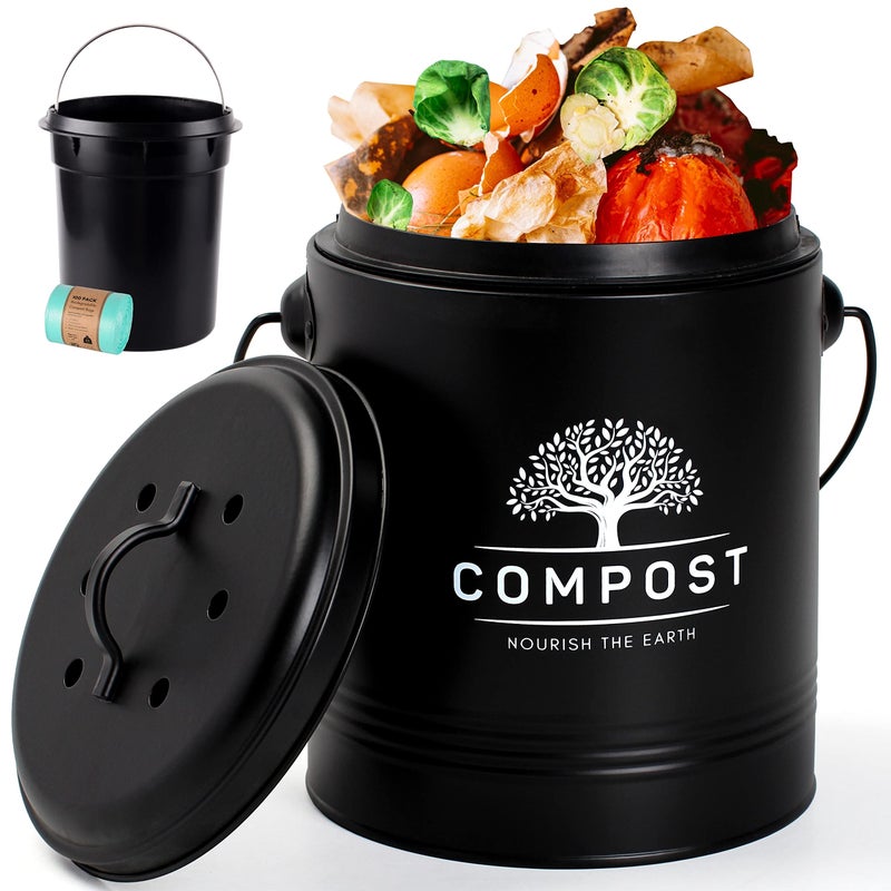 Perfnique Kitchen Compost Bin 1.3 جالون سماد كونترتوب سماد مع دلو السماد الداخلي الغطاء يشمل بطانة دلو داخلية ومرشح الكربون سماد صغير (أسود مع أكياس) - Image 1