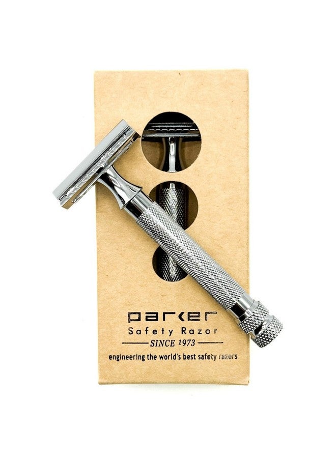 باركر سيفتي رازور للرجال، ماكينة حلاقة آمنة ذات حدين 91R، ماكينة حلاقة آمنة ثقيلة الوزن مكونة من ثلاث قطع بإطار من النحاس ومقبض محزز مطلي بالكروم، 5 شفرات حلاقة ذات حدين من البلاتين - Image 1
