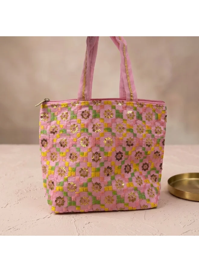 Mobcos Mobcos Light Pink Flower Embroidered Tote Bag Mobcos Light Pink Flower Handmade Embroidered Tote Bag | Premium Cotton Boho Shoulder Handbag with Zipper | Spacious Ethnic Bag for Office, Shopping, Travel & Daily Use for Women | Best Price UAE