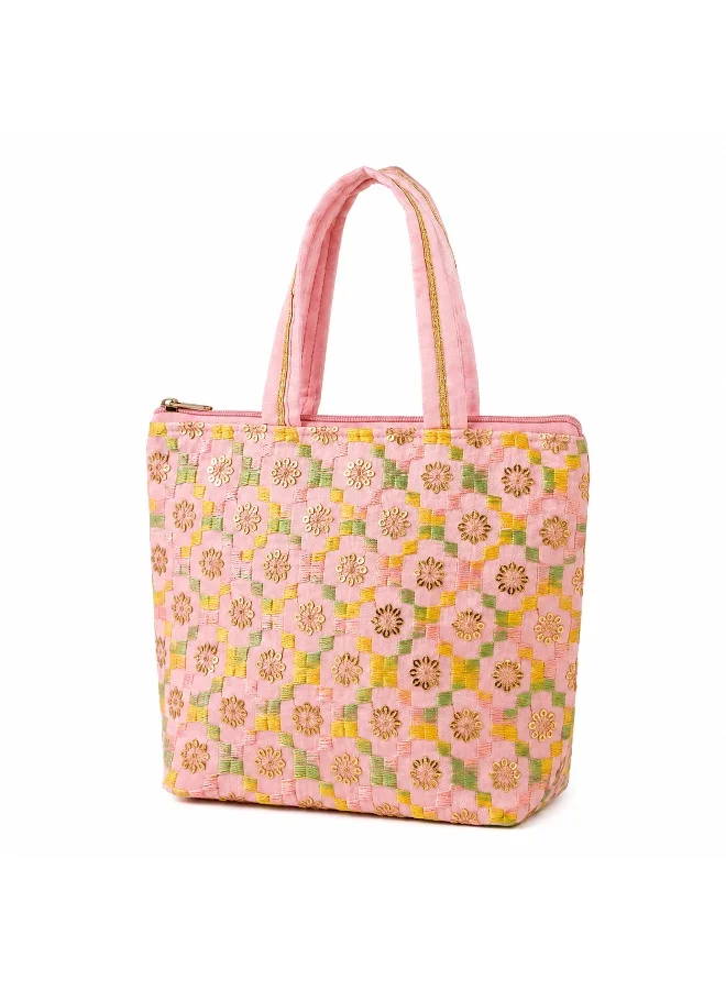 Mobcos Mobcos Light Pink Flower Handmade Embroidered Tote Bag | Premium Cotton Boho Shoulder Handbag with Zipper | Spacious Ethnic Bag for Office, Shopping, Travel & Daily Use