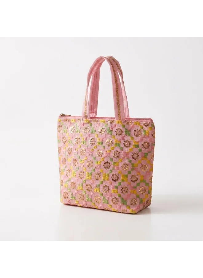 Mobcos Mobcos Light Pink Flower Embroidered Tote Bag Mobcos Light Pink Flower Handmade Embroidered Tote Bag | Premium Cotton Boho Shoulder Handbag with Zipper | Spacious Ethnic Bag for Office, Shopping, Travel & Daily Use for Women | Best Price UAE