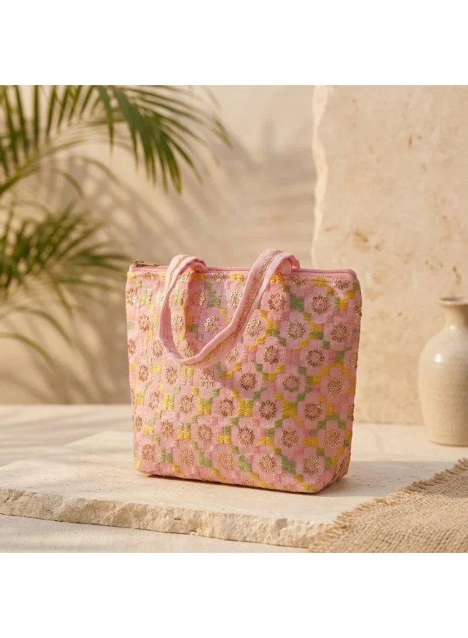 Mobcos Mobcos Light Pink Flower Embroidered Tote Bag Mobcos Light Pink Flower Handmade Embroidered Tote Bag | Premium Cotton Boho Shoulder Handbag with Zipper | Spacious Ethnic Bag for Office, Shopping, Travel & Daily Use for Women | Best Price UAE