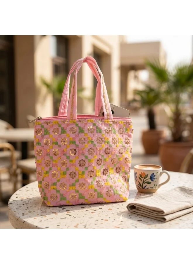 Mobcos Mobcos Light Pink Flower Embroidered Tote Bag Mobcos Light Pink Flower Handmade Embroidered Tote Bag | Premium Cotton Boho Shoulder Handbag with Zipper | Spacious Ethnic Bag for Office, Shopping, Travel & Daily Use for Women | Best Price UAE