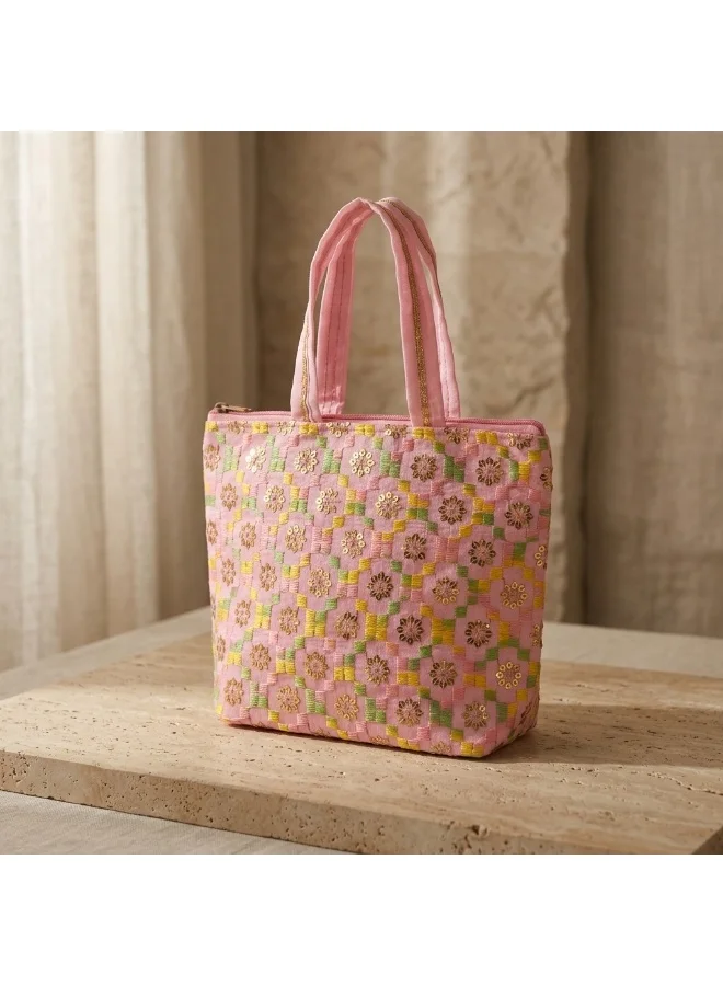 Mobcos Mobcos Light Pink Flower Handmade Embroidered Tote Bag | Premium Cotton Boho Shoulder Handbag with Zipper | Spacious Ethnic Bag for Office, Shopping, Travel & Daily Use