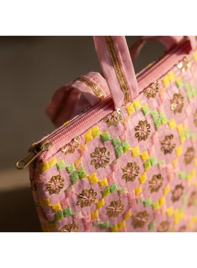Mobcos Mobcos Light Pink Flower Embroidered Tote Bag Mobcos Light Pink Flower Handmade Embroidered Tote Bag | Premium Cotton Boho Shoulder Handbag with Zipper | Spacious Ethnic Bag for Office, Shopping, Travel & Daily Use for Women | Best Price UAE