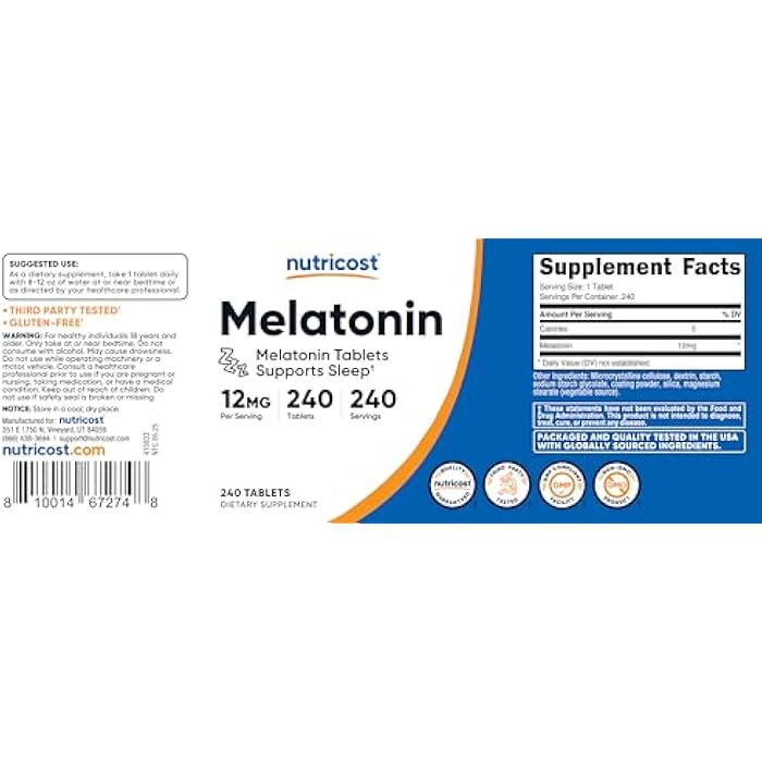 Nutricost Melatonin 12mg, 240 Tablets - 12mg Per Serving, Non-GMO, Gluten Free - Image 5