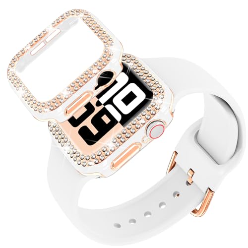DABAOZA Compatible for Apple Watch Bands 46mm with Bumper, Bling Glitter Women Silicone Soft Comfortable Strap for iWatch SE Ultra 3 2 Series 11 10 9 8 7 6 5 4 3 2 1（White Rosegold，46/S11） - Image 1