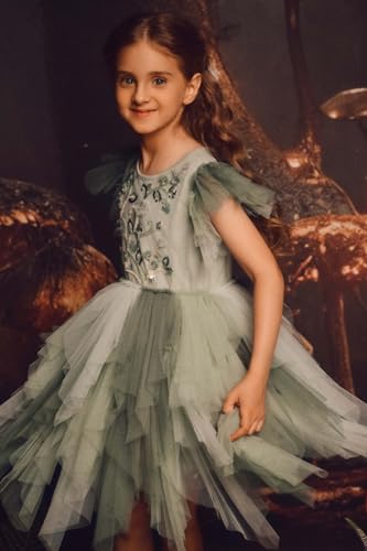 TUTULAND Tutu Dress for Girls - Embroidered Tulle Dresses Tiered Layered Green Flower Girl Dress for Wedding Birthday Party - Image 4