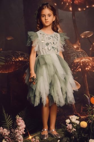 TUTULAND Tutu Dress for Girls - Embroidered Tulle Dresses Tiered Layered Green Flower Girl Dress for Wedding Birthday Party - Image 3
