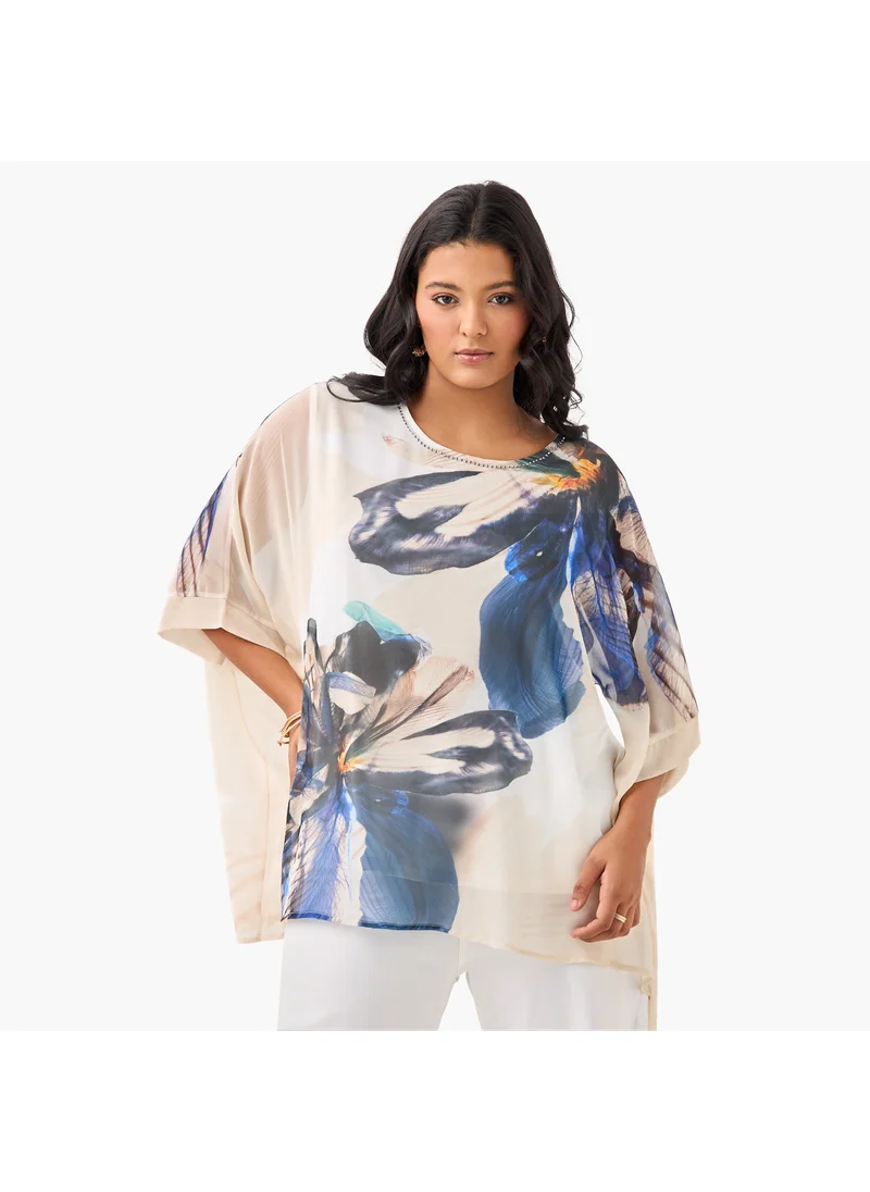 Ulla Popken Plus Size Ulla Popken Floral Print Top with Extended Sleeves