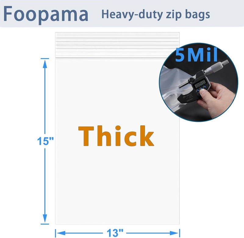 Foopama 20 قطعة 13" × 15" أكياس بلاستيكية شفافة بسحاب سميك 4 مل كبيرة، أكياس ملابس ثقيلة، تي شيرت، ألعاب، وجبات خفيفة، أكياس بسحاب قابلة للإغلاق - Image 3