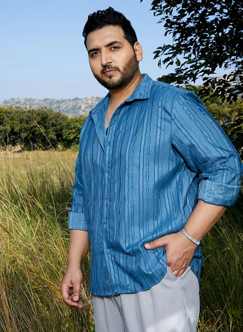 Instafab Plus  Instafab Plus Men's Steel Blue Ripple-Edge Shirt For Casual Wear | Spread Collar | Long Cuffed Sleeves | Button Closure | Plus Size Shirt Crafted With Comfort Fit For Everyday Wear for Men | Best Price UAE