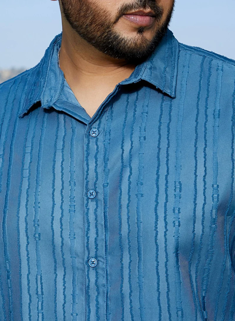 Instafab Plus  Instafab Plus Men's Steel Blue Ripple-Edge Shirt For Casual Wear | Spread Collar | Long Cuffed Sleeves | Button Closure | Plus Size Shirt Crafted With Comfort Fit For Everyday Wear for Men | Best Price UAE