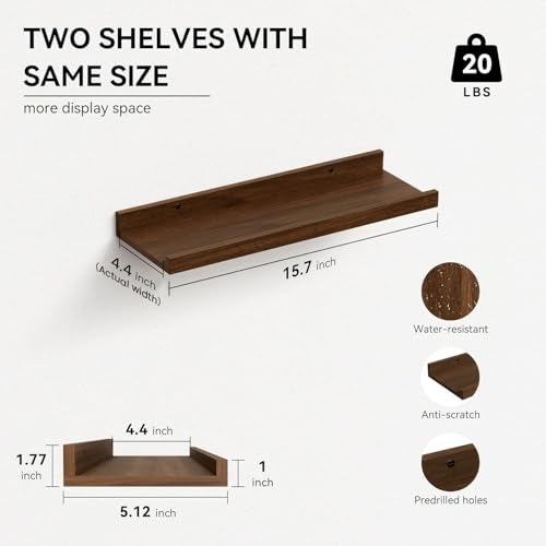 Boswillon Floating Shelves Set of 2, Farmhouse Wall Shelves with Lip, Display Picture Ledge Shelf for Bedroom, Living Room, Bathroom, Kitchen - Walnut - Image 2