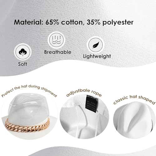 Gossifan Men & Women Belt Buckle Fedora Hat Wide Brim Floppy Panama Hat-Chain Belt White - Image 3
