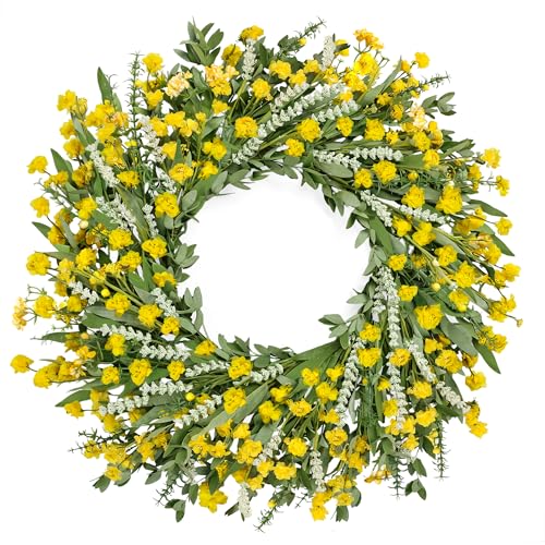Zmtyykh 26" Floral Wreath, Artificial Spring Wreaths for Front Door, with Wildflower Portulaca Flowers, Indoor Outdoor Porch Window Wall Home Decor for Valentine’s Day Easter, Summer & Wedding Yellow - Image 1