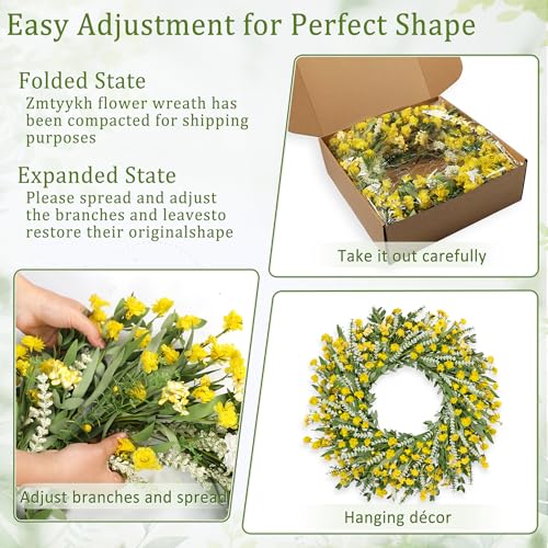 Zmtyykh 26" Floral Wreath, Artificial Spring Wreaths for Front Door, with Wildflower Portulaca Flowers, Indoor Outdoor Porch Window Wall Home Decor for Valentine’s Day Easter, Summer & Wedding Yellow - Image 3