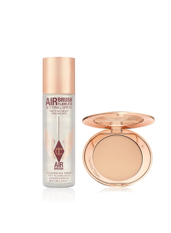Charlotte Tilbury Airbrush Flawless Set – Full-Size Setting Powder & Travel Size Setting Spray – Long-Lasting Matte Finish & Oil Control Makeup Kit