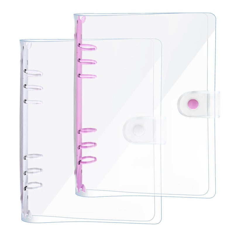 DY.2ten 2 Pack A5 Transparent Soft PVC 6 Holes Binder Notebook Covers, Snap Button Closure Refillable Notebook Round Ring Binder Cover Protector(A5, Clear Cover + Light Purple/White Binder) - Image 1
