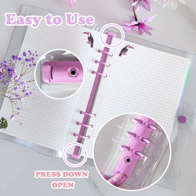 DY.2ten 2 Pack A5 Transparent Soft PVC 6 Holes Binder Notebook Covers, Snap Button Closure Refillable Notebook Round Ring Binder Cover Protector(A5, Clear Cover + Light Purple/White Binder) - Image 5