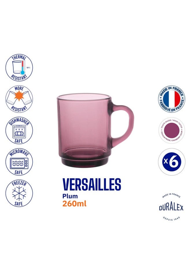 Duralex® Versailles Plum (Purple) Tempered Glass Mugs | 260ml Set of 6 | Ultra-Resistant, Stackable Coffee & Tea Mugs | Microwave & Dishwasher Safe | Giftable Mug Set - Image 5