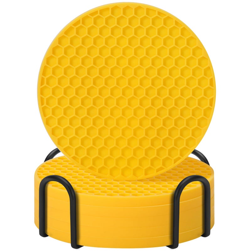 TWTLi Coasters Set of 6 with Holder Coasters for Drinks Coffee Table Decor Coaster Suitable for Kinds Cups Anti-Slip Non-Stick Silicone Cup Coaster and Living Room Decor (6 Pcs  Yellow)  - Image 1