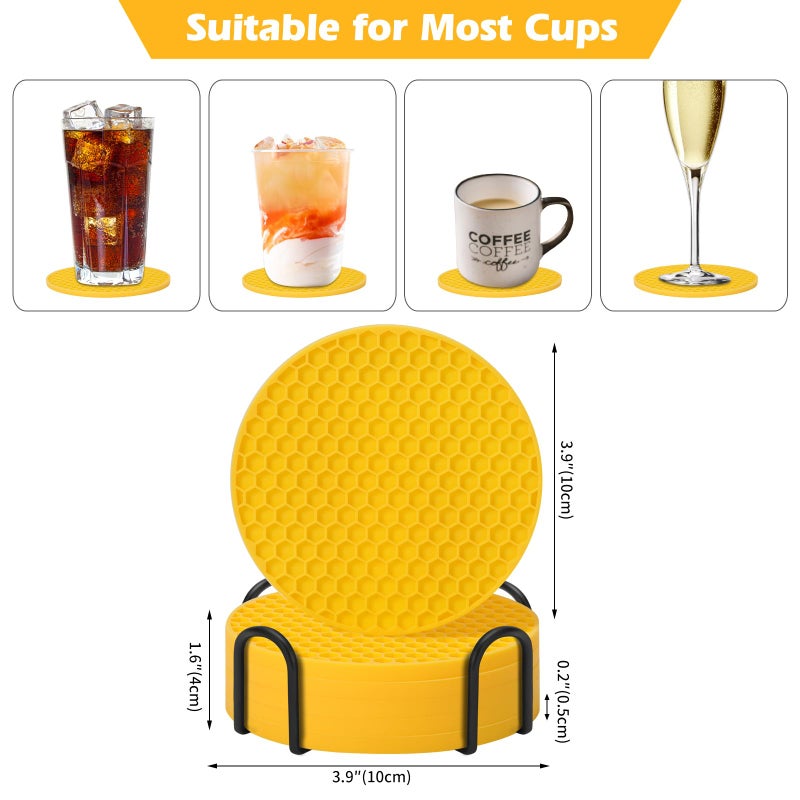 TWTLi Coasters Set of 6 with Holder Coasters for Drinks Coffee Table Decor Coaster Suitable for Kinds Cups Anti-Slip Non-Stick Silicone Cup Coaster and Living Room Decor (6 Pcs  Yellow)  - Image 5