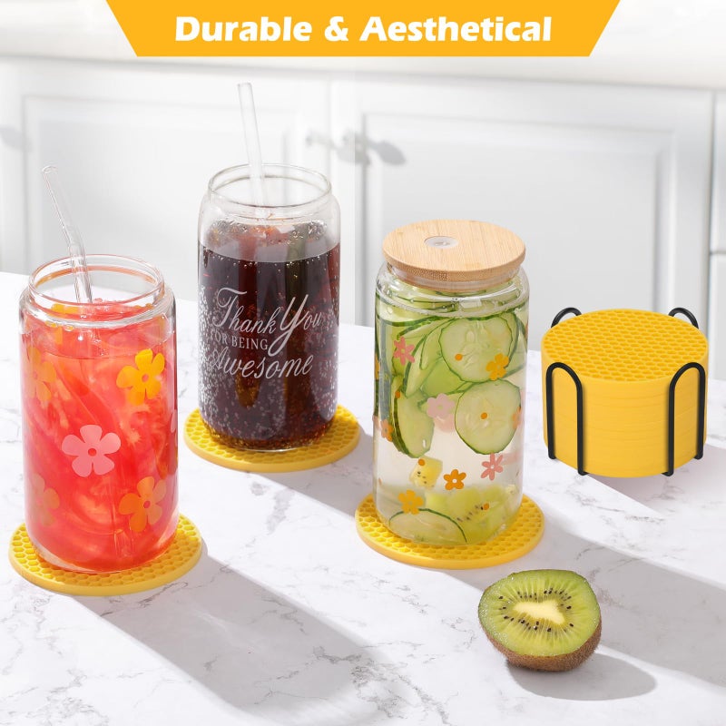 TWTLi Coasters Set of 6 with Holder Coasters for Drinks Coffee Table Decor Coaster Suitable for Kinds Cups Anti-Slip Non-Stick Silicone Cup Coaster and Living Room Decor (6 Pcs  Yellow)  - Image 2