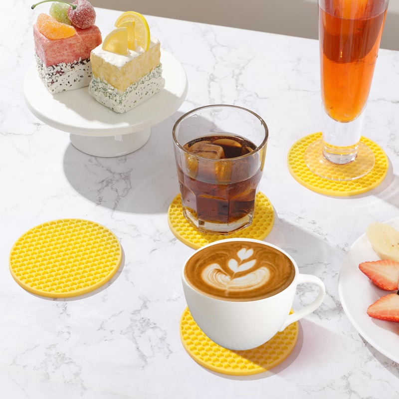 TWTLi Coasters Set of 6 with Holder Coasters for Drinks Coffee Table Decor Coaster Suitable for Kinds Cups Anti-Slip Non-Stick Silicone Cup Coaster and Living Room Decor (6 Pcs  Yellow)  - Image 3