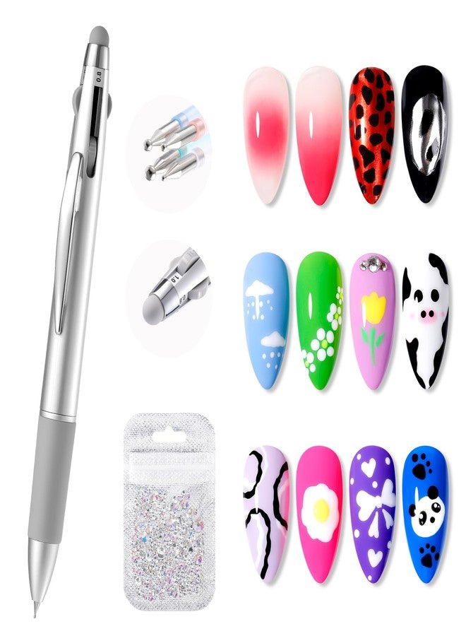 Gellen 5-in-1 Nail Dotting Pen with Ballpoint Pen Design & Nail Rhinestones, Double-end Nail Dotting Tools for Dotting, Gems, Gradient, Chrome Powder, DIY Manicure Home Salon Nail Art Tools - Image 1