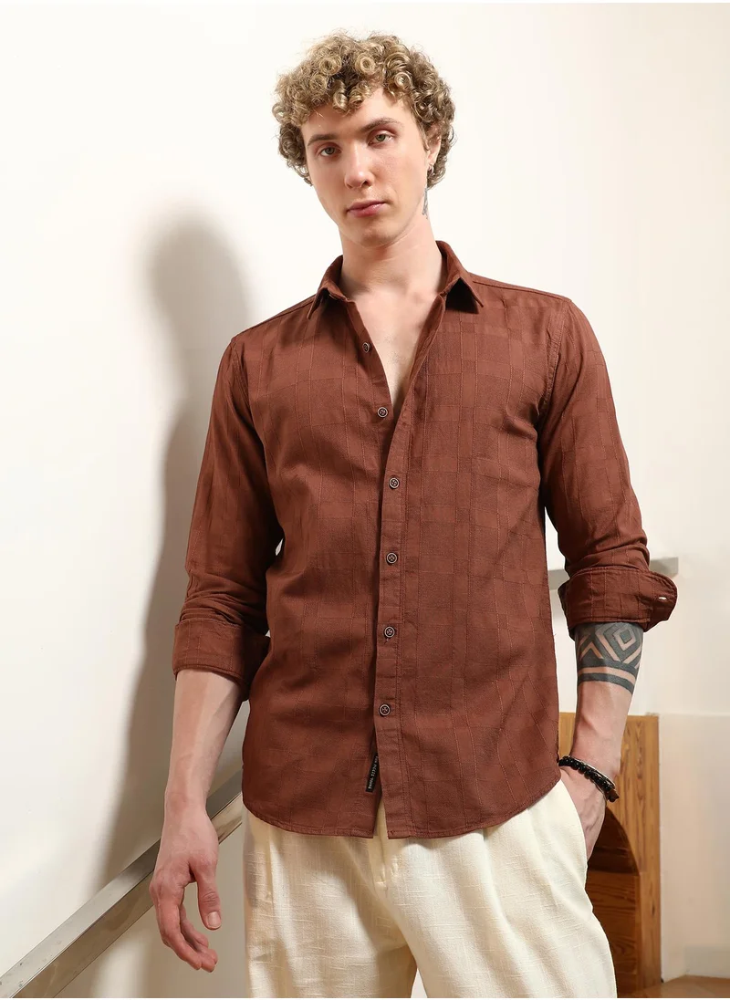 كامبوس سوترا Men's Terracotta Textured Cotton Shirt With Point Collar