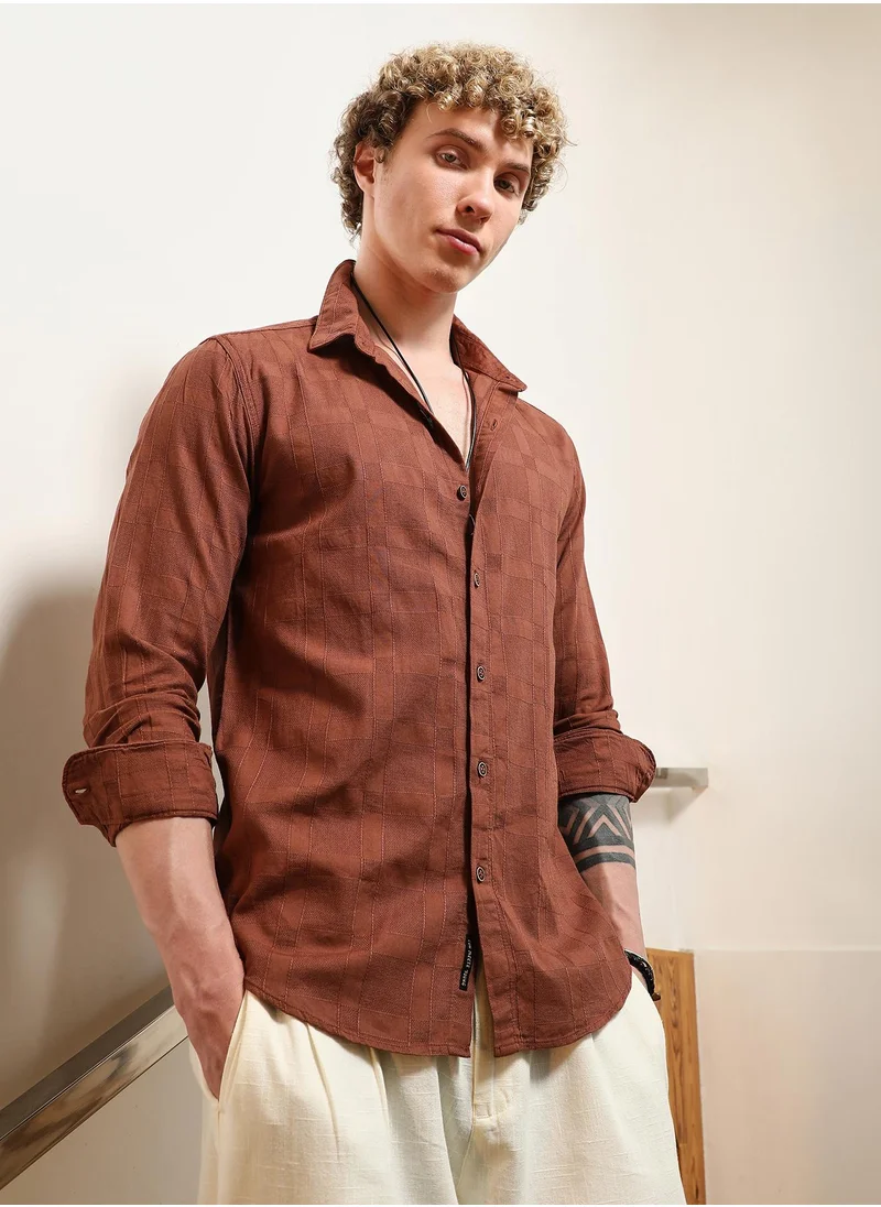 كامبوس سوترا Men's Terracotta Textured Cotton Shirt With Point Collar