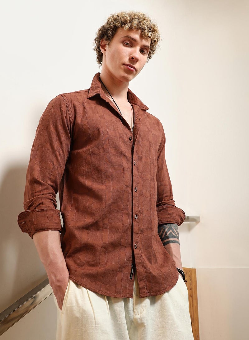 Campus Sutra Men's Terracotta Textured Cotton Shirt With Point Collar  - Image 1
