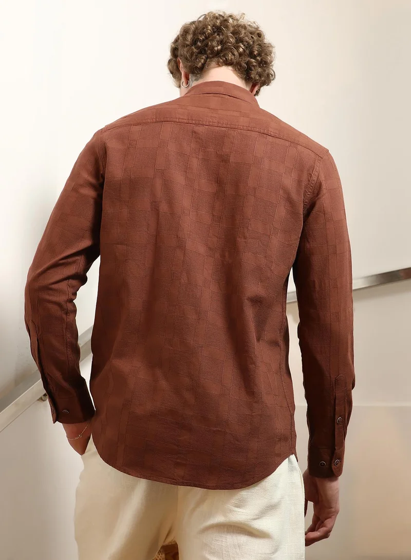 Campus Sutra Men's Terracotta Textured Cotton Shirt With Point Collar