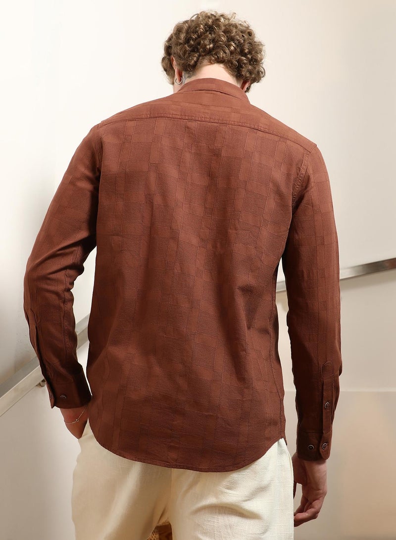 Campus Sutra Men's Terracotta Textured Cotton Shirt With Point Collar  - Image 5