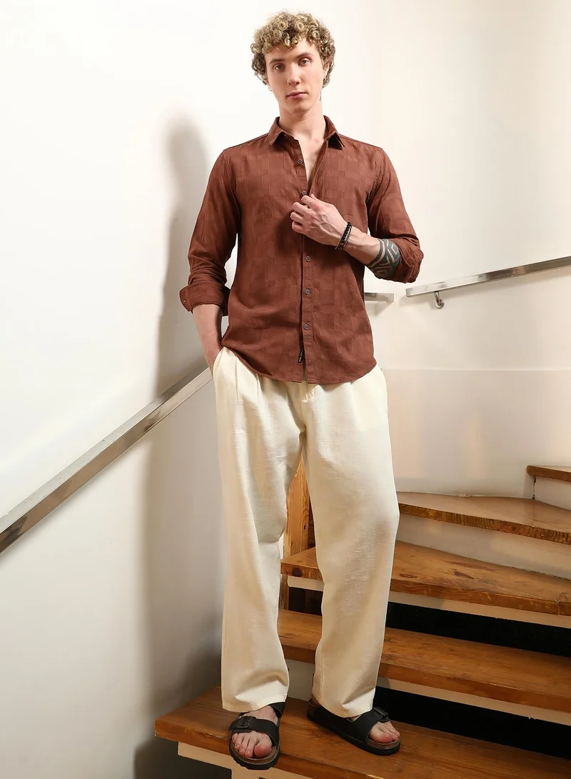 Campus Sutra Men's Terracotta Textured Cotton Shirt With Point Collar
