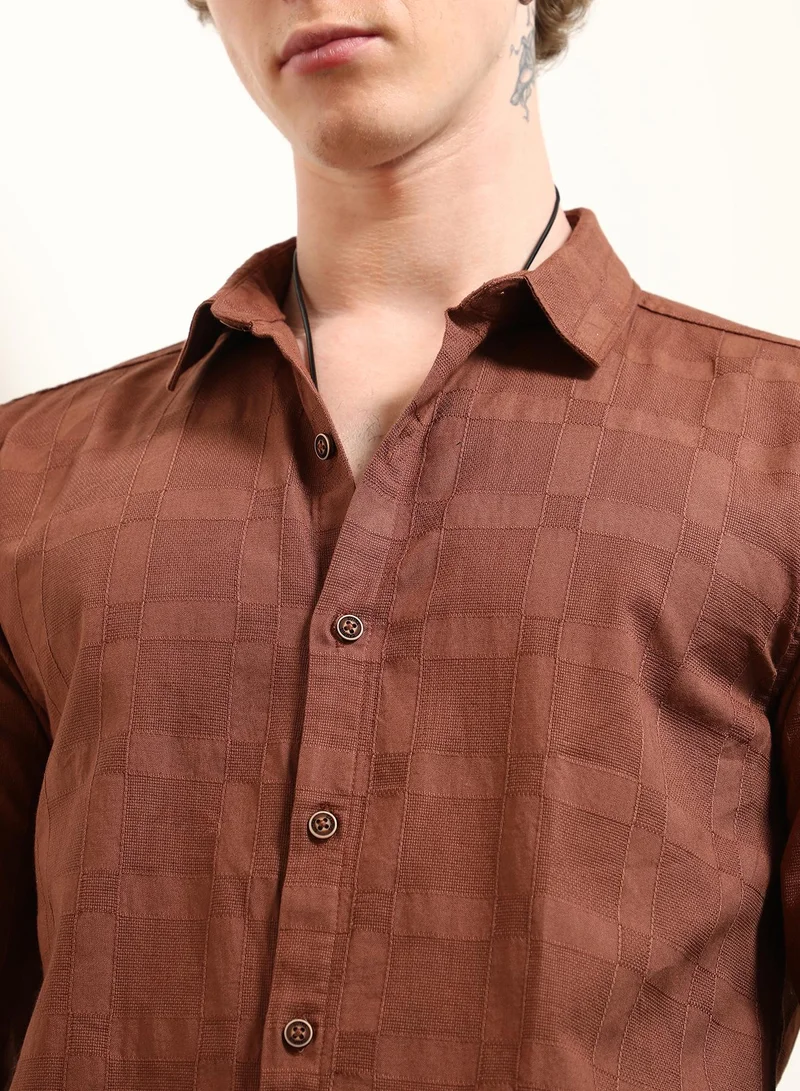 Campus Sutra Men's Terracotta Textured Cotton Shirt With Point Collar