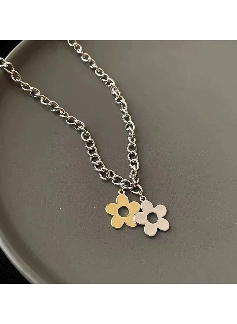 Goolsky Gold & Silver Contrast Flower Necklace – Light Luxury Indie Design for Women, Y2K Streetwear Accessory - Image 1