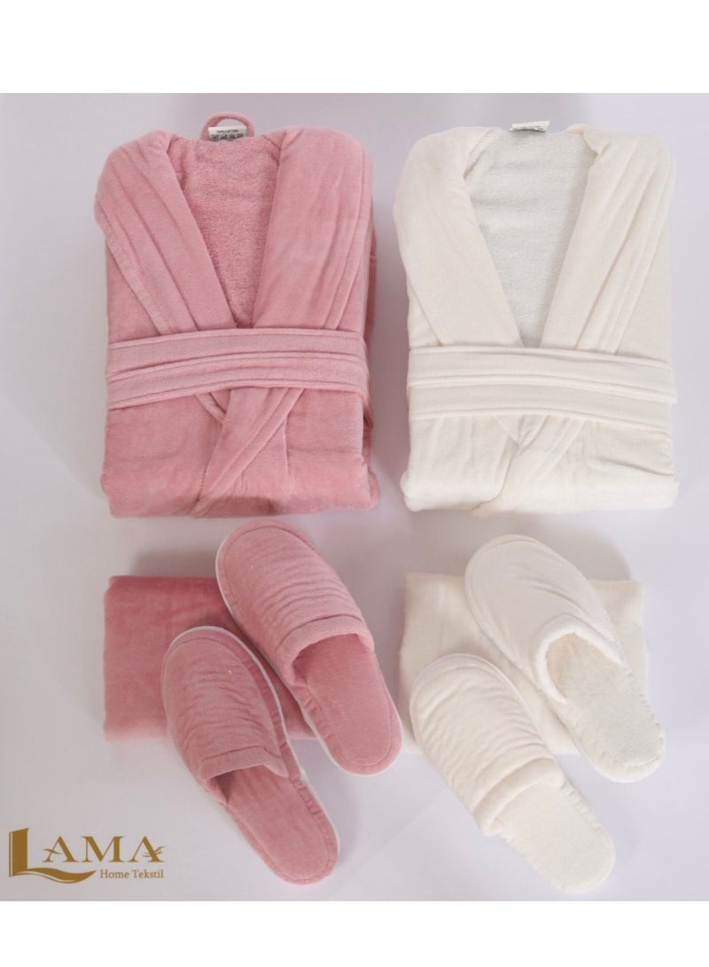 منزل لمى منسوجات طقم روب حمام كريمي وزهري - Image 2