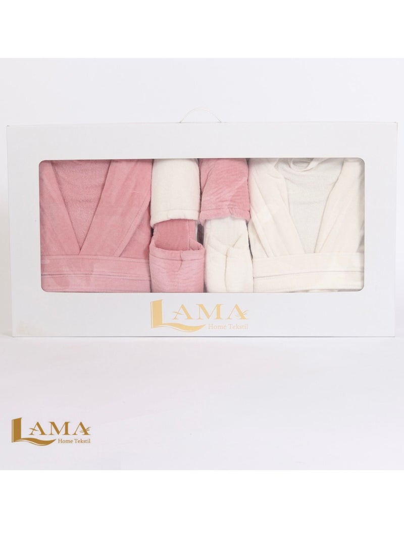 منزل لمى منسوجات طقم روب حمام كريمي وزهري - Image 3