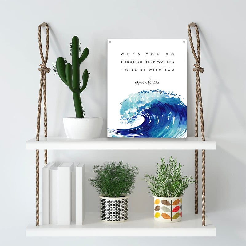 YCYD عندما تمر عبر المياه العميقة ، فإن الخشب من الخشب من المياه العميقة ، Rustic Isaiah 43: 2 Watercolor Wave Wooden Flaque For Home Wall Art Decoration 8 × 10 بوصات حاضرة - Image 3