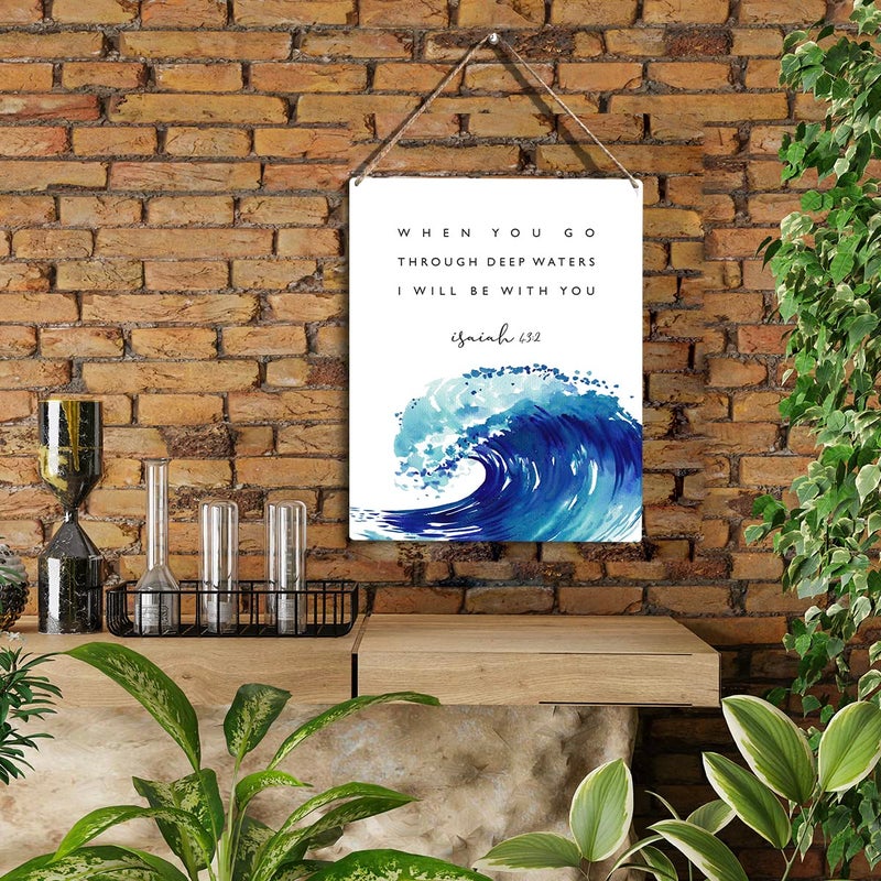 YCYD عندما تمر عبر المياه العميقة ، فإن الخشب من الخشب من المياه العميقة ، Rustic Isaiah 43: 2 Watercolor Wave Wooden Flaque For Home Wall Art Decoration 8 × 10 بوصات حاضرة - Image 2