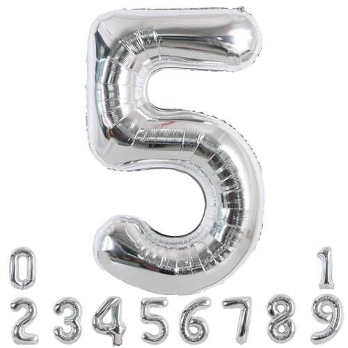 TONIFUL 40 Inch Silver Large Numbers Balloons 09 Number 5 Digital 5 Helium Foil Mylar Big Number Balloons for 2026 Graduation New Year Eve Birthday Party Anniversary Supplies Decorations - Image 1