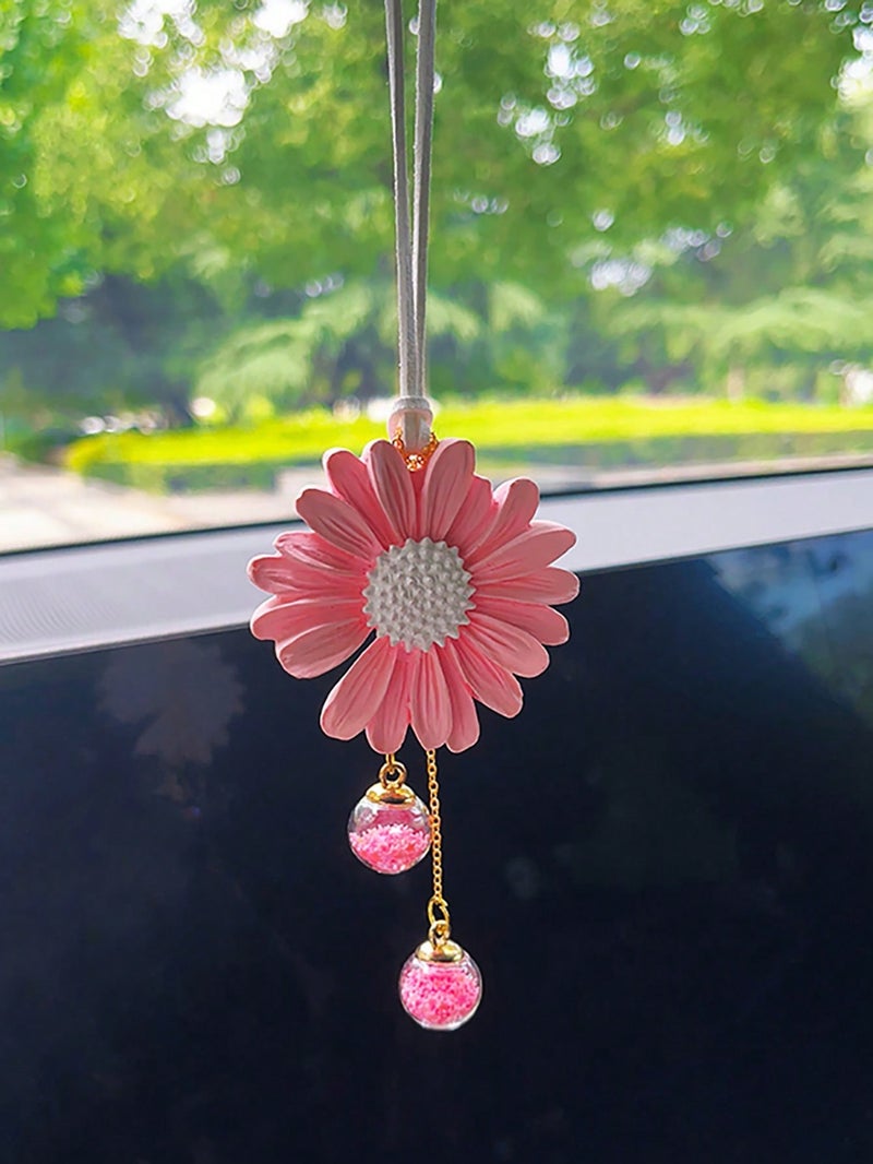 Pink Flower Car Hanging Ornament with Crystal Beads Decoration - Image 1