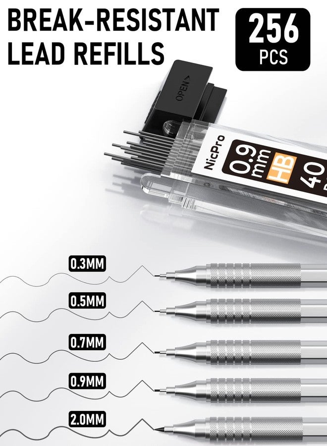 نيكبرو مجموعة أقلام رصاص ميكانيكية معدنية من نيكبرو، 5 أقلام رسم فنية بمقاسات 0.3، 0.5، 0.7، 0.9 مم و2 مم، حامل رصاص جرافيت للرسم والتخطيط، مع 9 أنابيب (ألوان 4B، 2B، HB، 2H)، عبوات رصاص بديلة، ممحاة، وحافظة. - Image 5