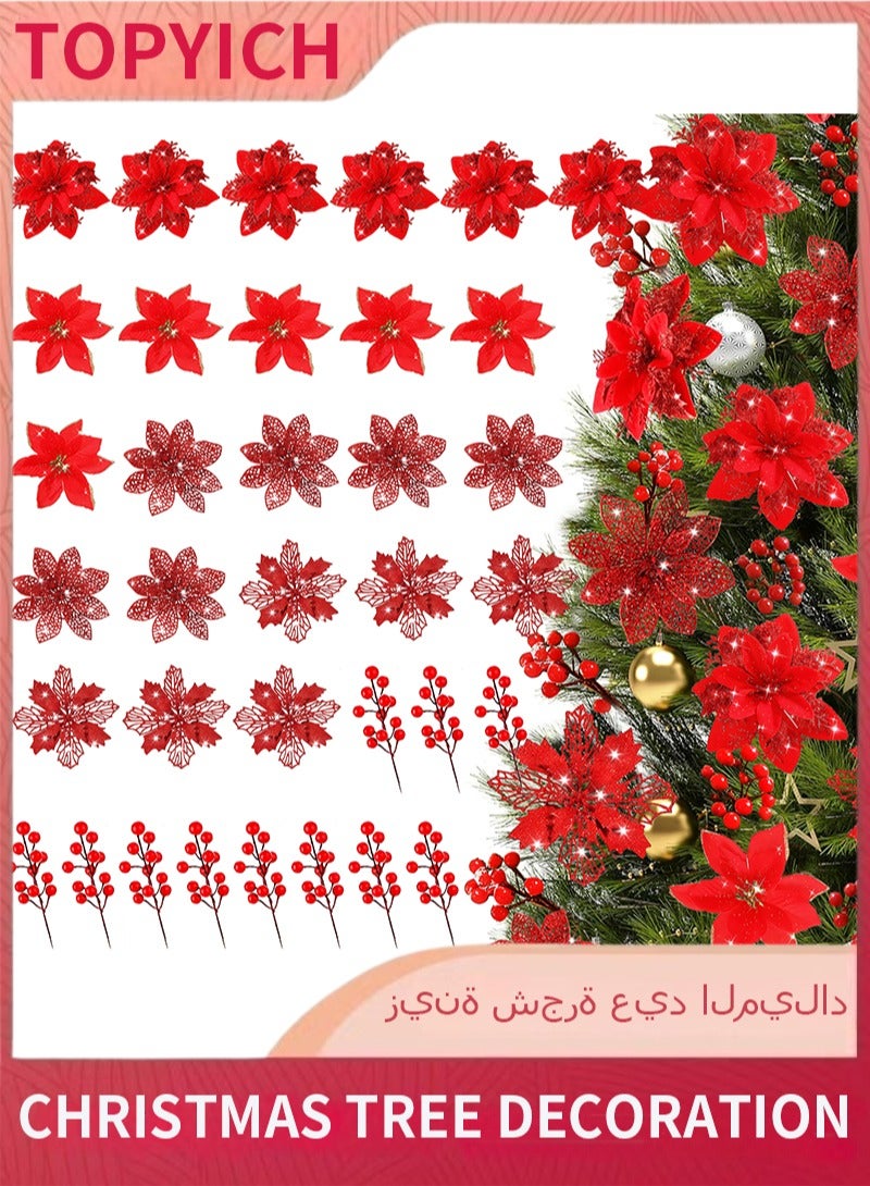 Topyich Christmas Decorations - 48PCS Red Glitter Poinsettia, 4-Style Christmas Flowers for Tree Wreath Christmas Ornament - Image 1