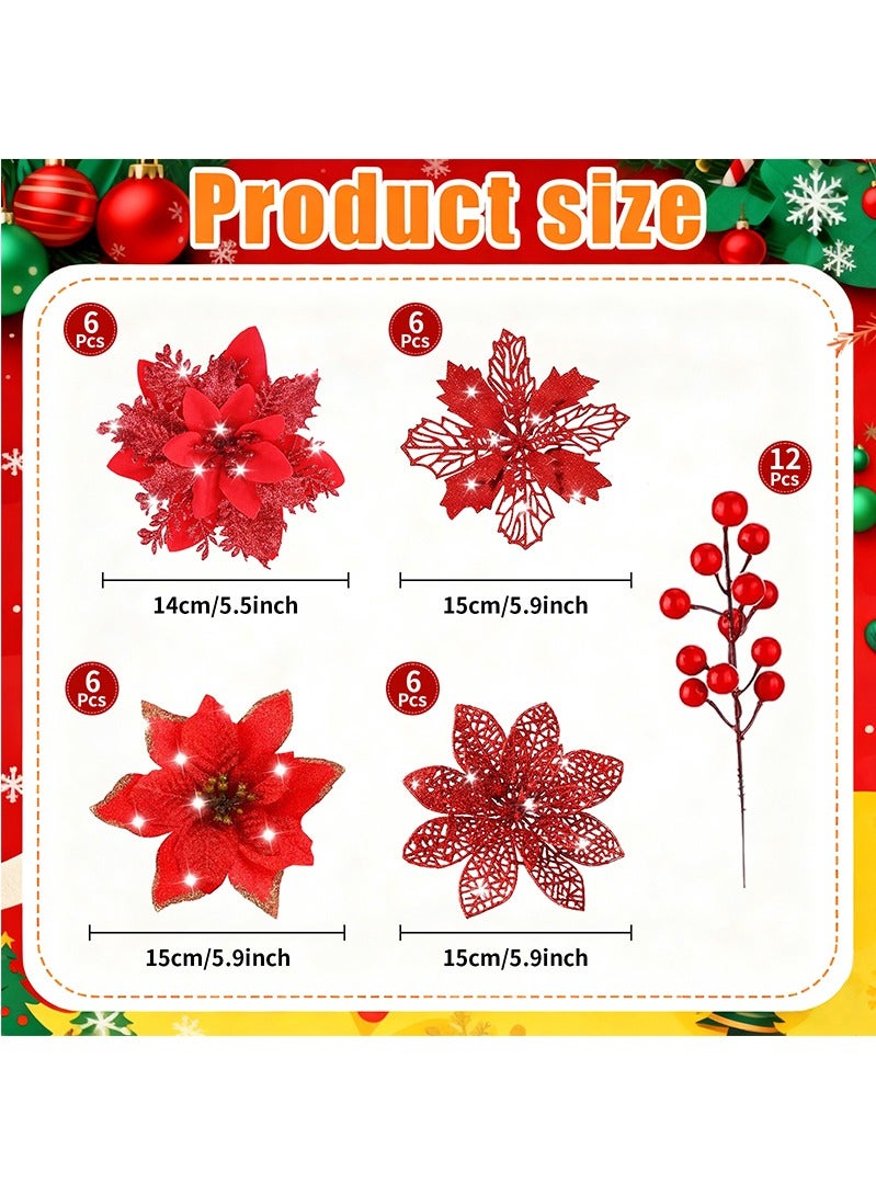 Topyich Christmas Decorations - 48PCS Red Glitter Poinsettia, 4-Style Christmas Flowers for Tree Wreath Christmas Ornament - Image 2