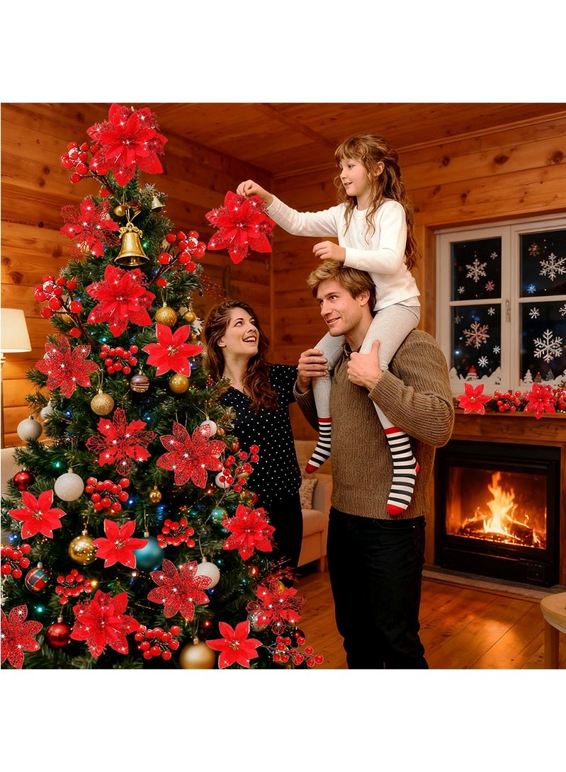 Topyich Christmas Decorations - 48PCS Red Glitter Poinsettia, 4-Style Christmas Flowers for Tree Wreath Christmas Ornament - Image 4