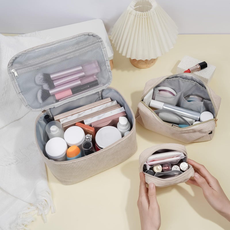 MAGEFY Makeup Bag, 3 Pcs Cosmetics Bag Large Capacity with Handle Make Up Bag for purse Corduroy Bag Pouch for Purse Travel Makeup Organizer Bag-Beige - Image 5
